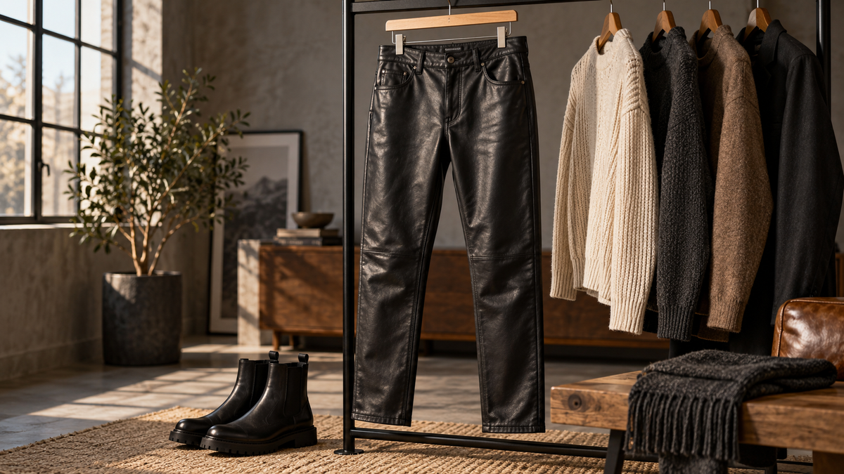Black men’s leather pants styled with knitwear and boots in a modern wardrobe