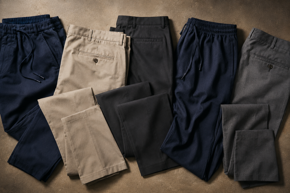 Selection of tailored and casual men’s pants in neutral colors
