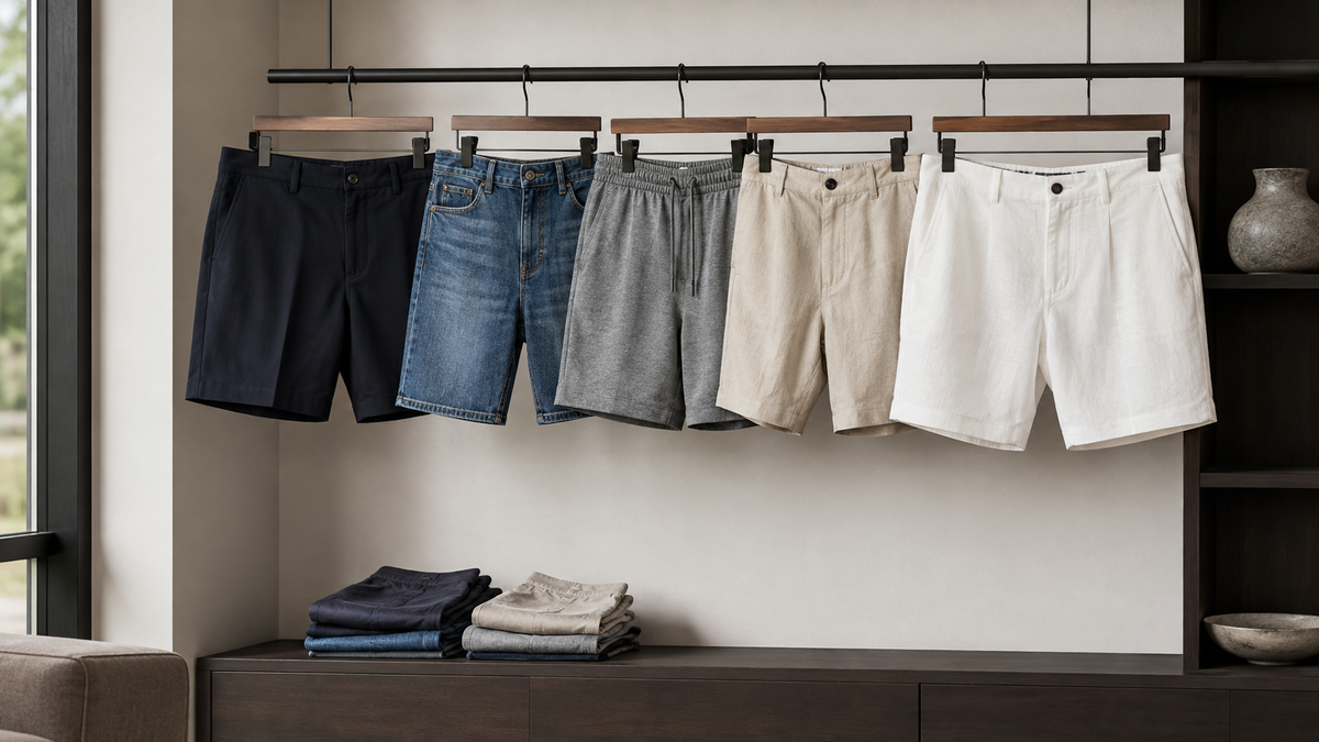 Men's tailored denim athletic and linen shorts displayed in a refined wardrobe