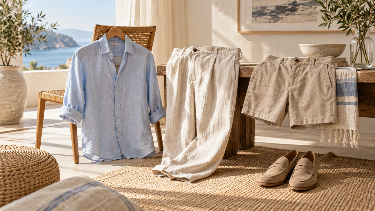 Men’s summer outfit pieces in linen and lightweight neutral fabrics