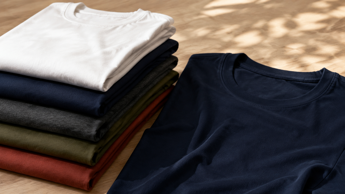 Stack of plain men's T-shirts in versatile neutral and muted colors