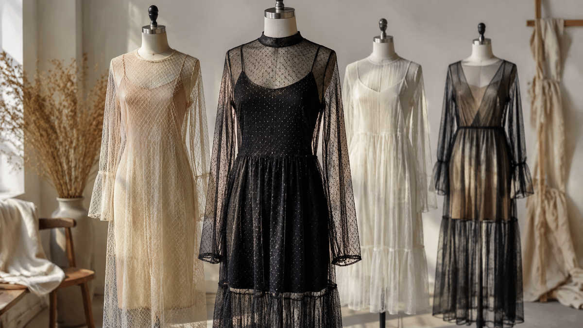 Layered mesh dresses on forms showing texture and opaque lining