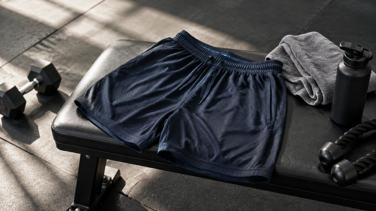 Mesh athletic shorts with neutral training accessories