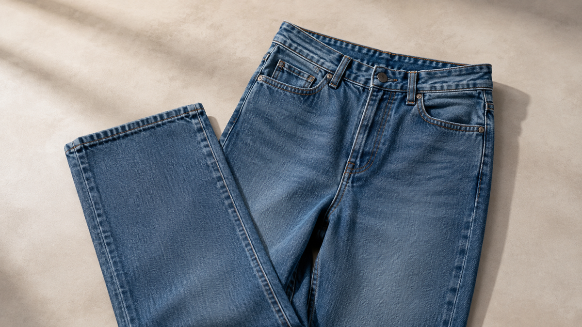 Mid-rise blue jeans showing waistband, denim texture, and silhouette
