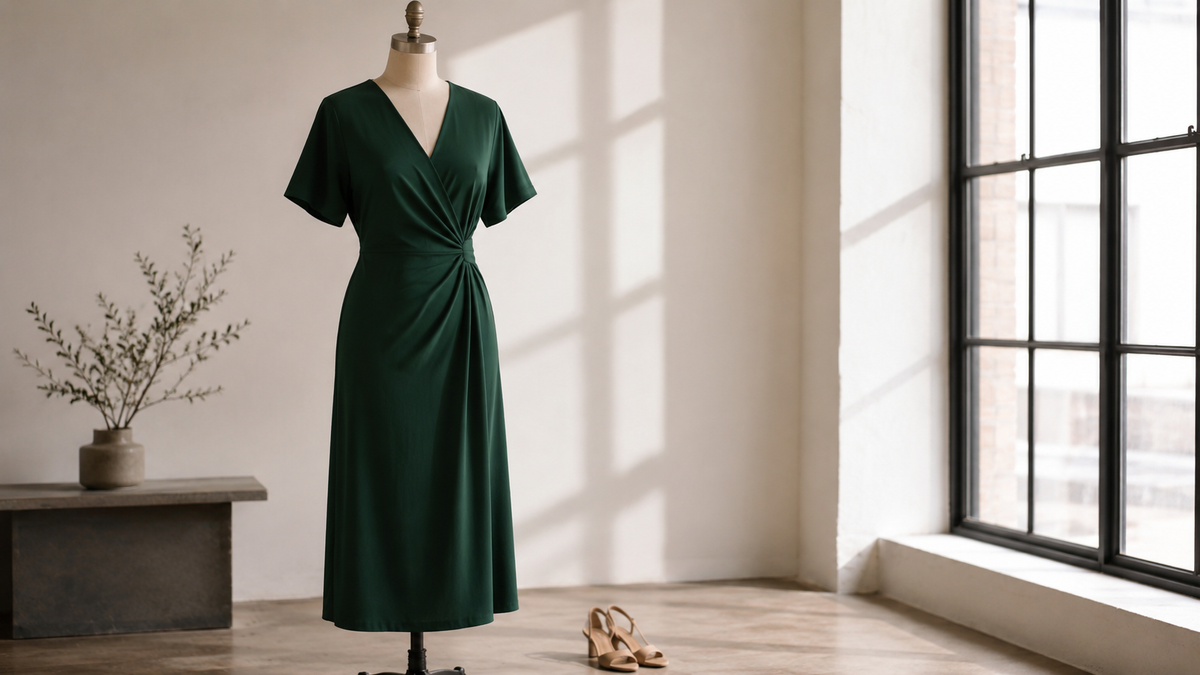 Deep green midi dress on a dress form in a sunlit studio