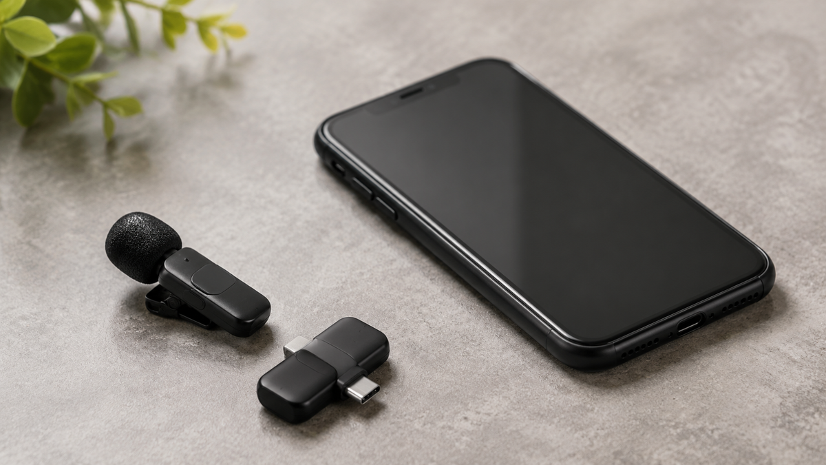 Unbranded mini microphone and receiver beside a smartphone