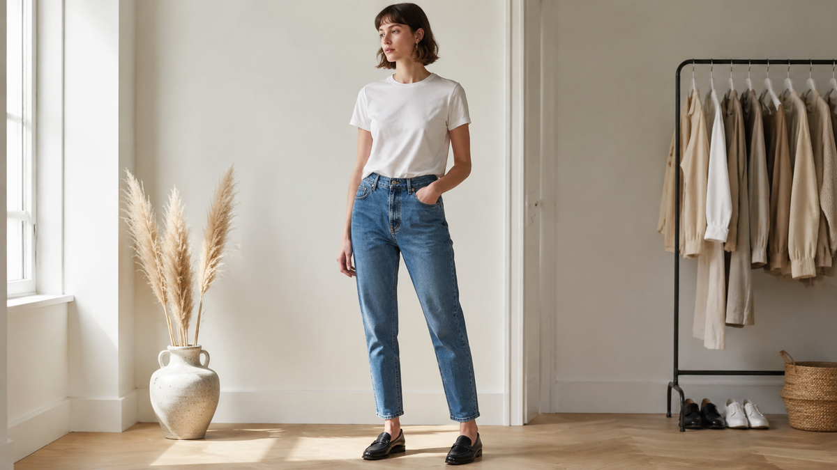 Classic medium wash mom jeans styled with a white tee in a bright wardrobe