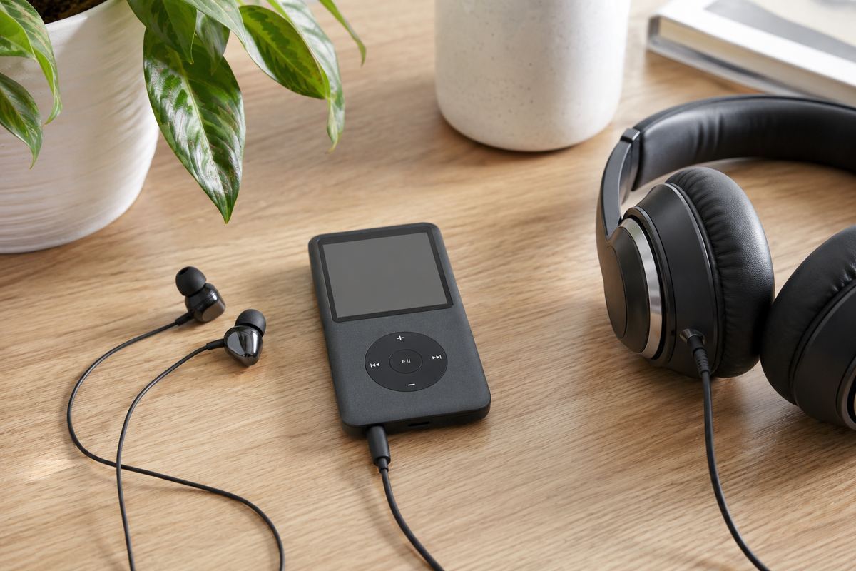 Generic MP3 player with wired earbuds and over-ear headphones on a desk
