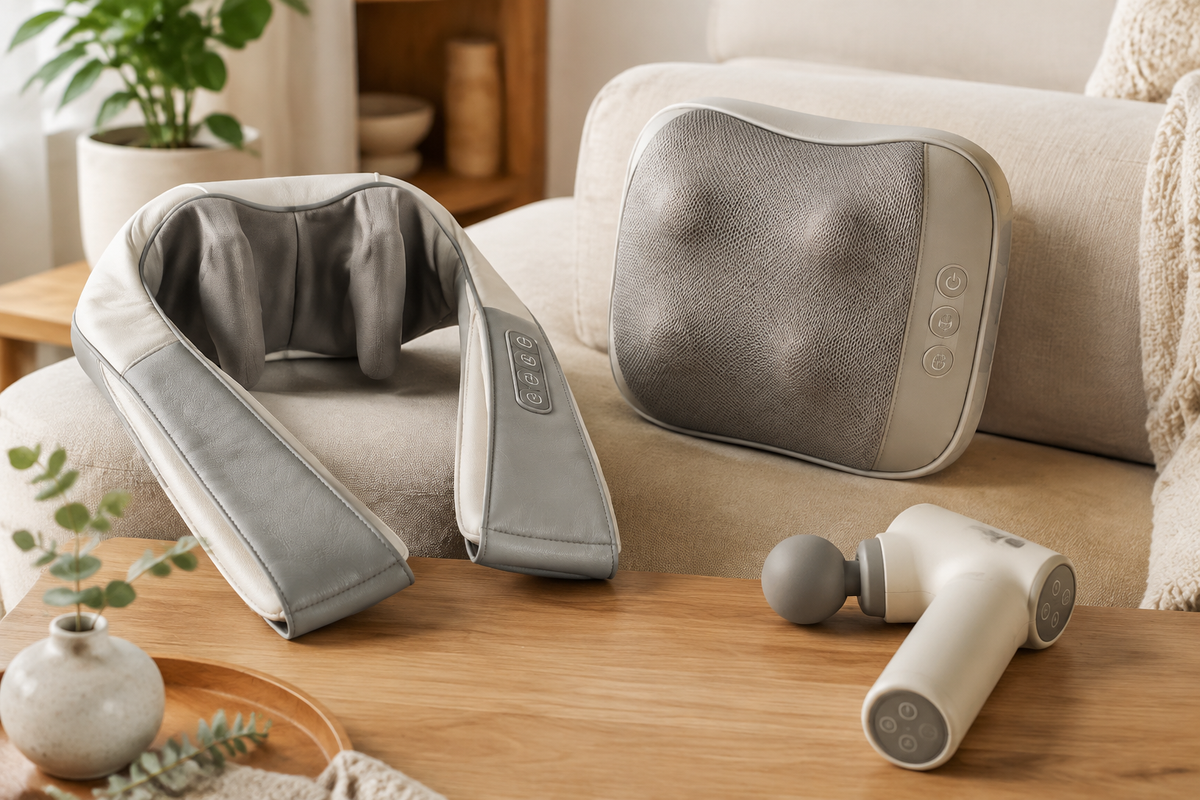 Generic neck massager devices in wrap cushion and handheld styles