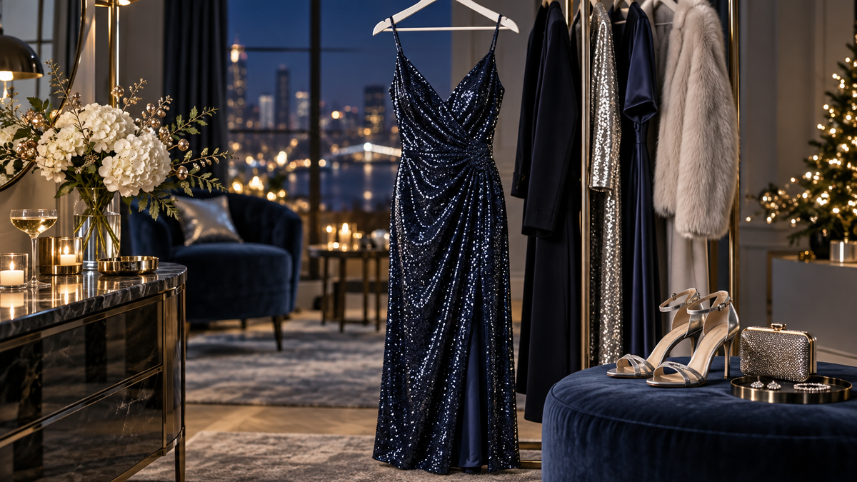 Navy sequin New Year’s dress with silver accessories in a festive evening setting