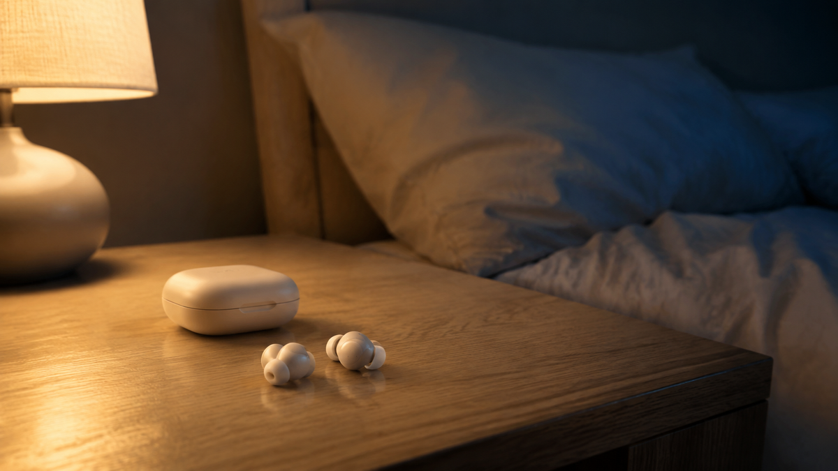 Unbranded low-profile noise-cancelling sleep earbuds on a bedside table