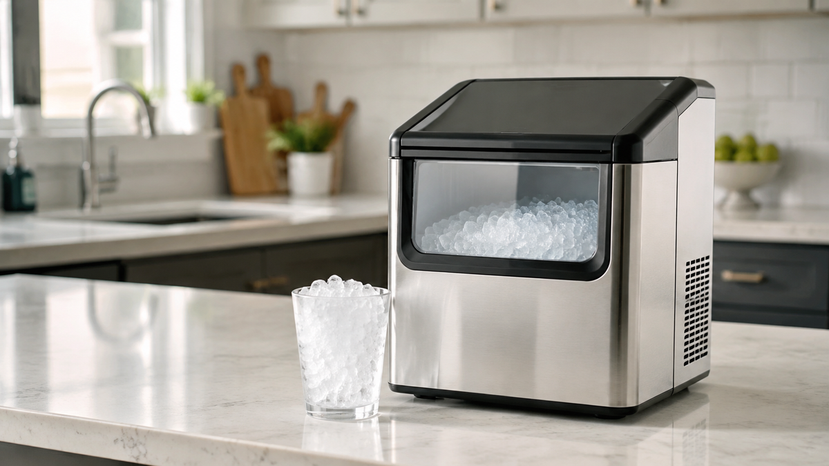 Unbranded nugget ice maker and a glass of pebble ice in a home kitchen