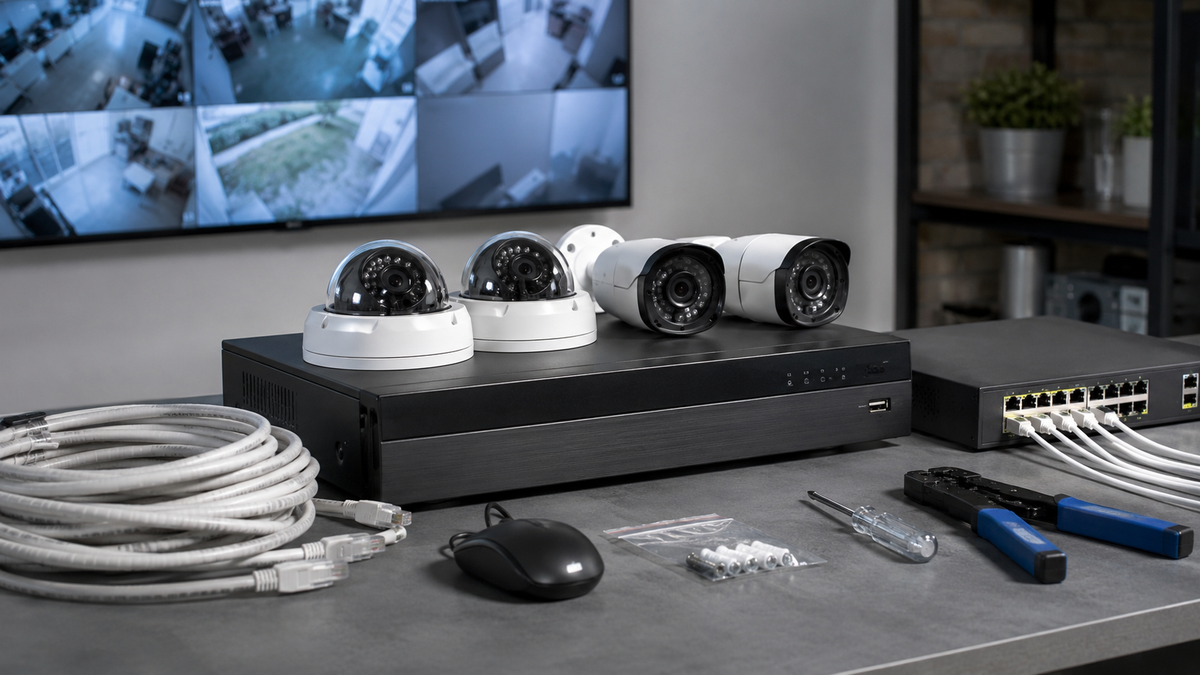Unbranded NVR security camera system with recorder and network equipment