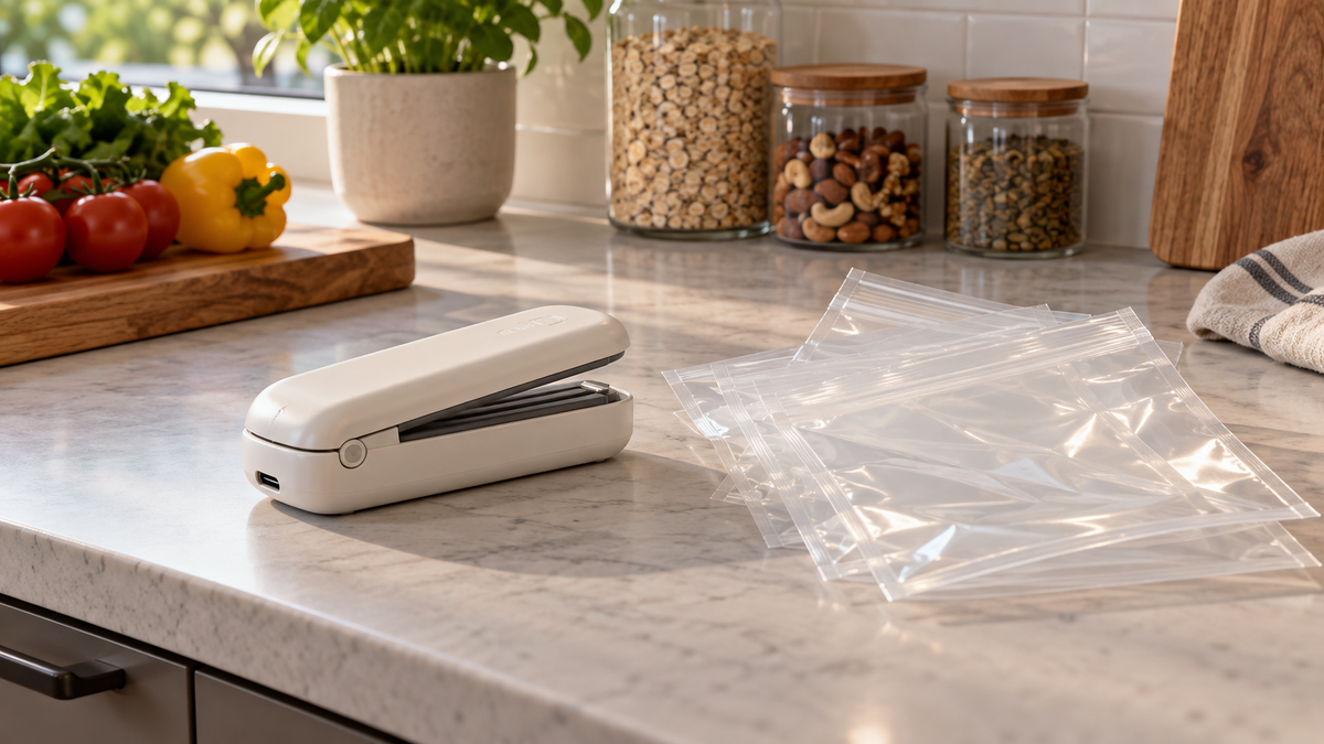 Rechargeable bag sealer beside empty food pouches on a kitchen counter