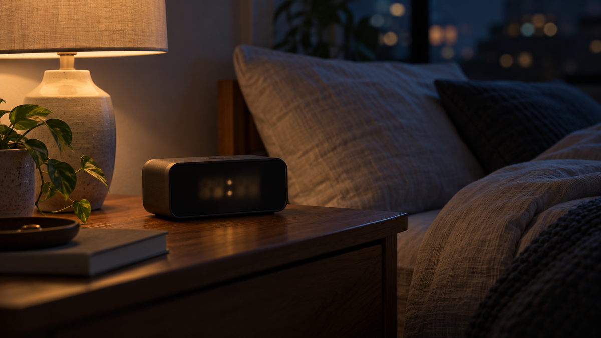 Dim digital alarm clock on a bedside table at night
