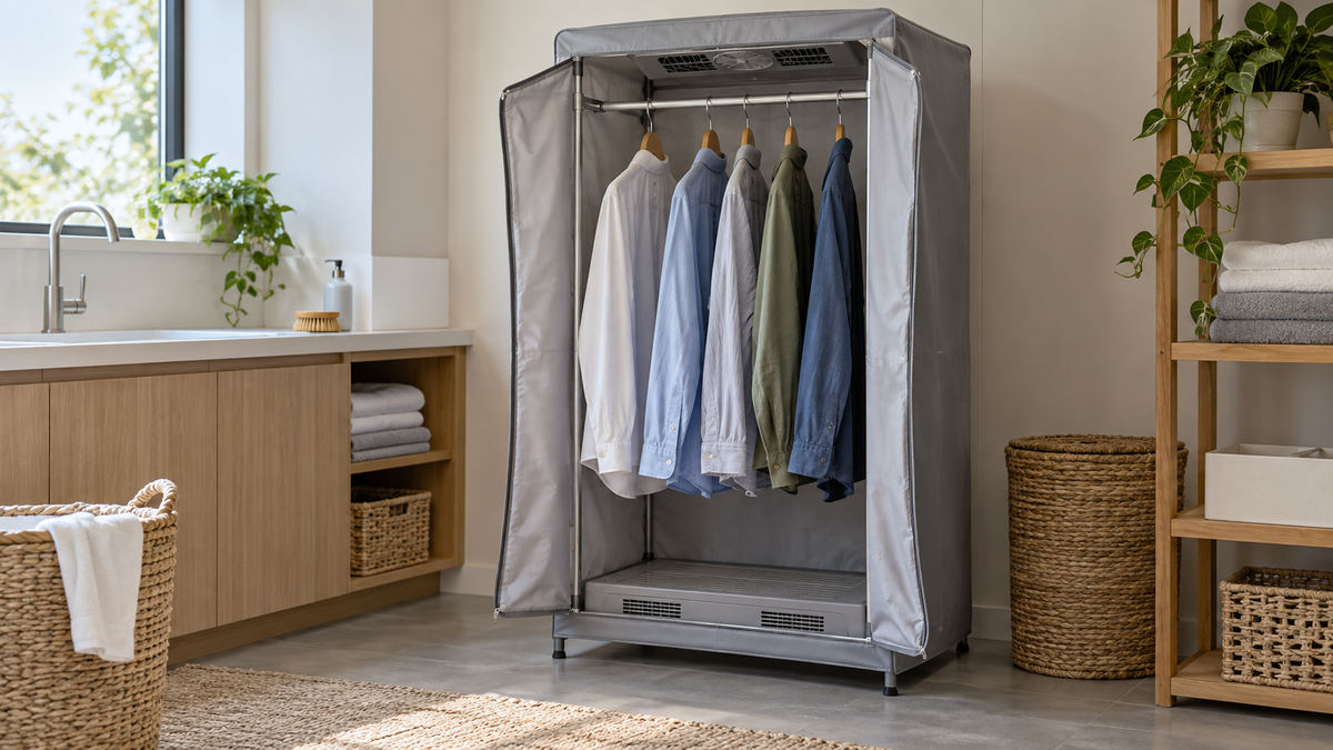 Portable hanging clothes dryer with spaced shirts in a laundry room