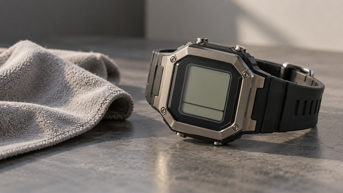 Analog digital wristwatch beside a soft cleaning cloth