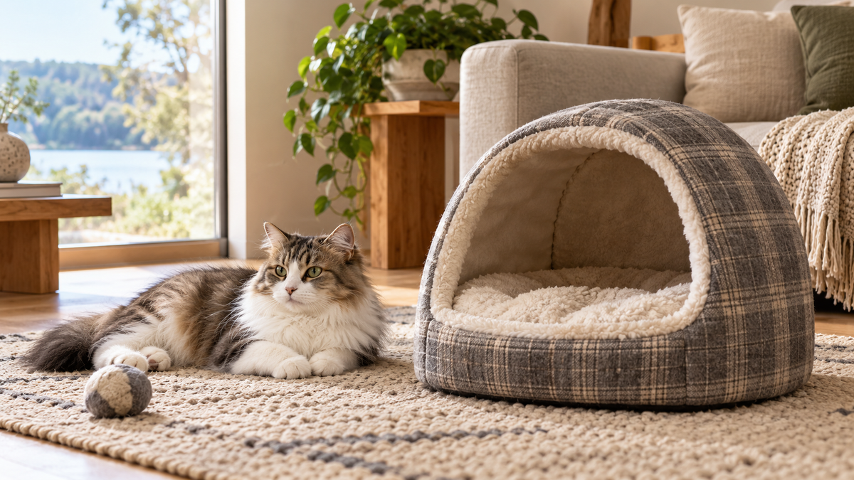 Enclosed flannel cat bed with a cat resting nearby