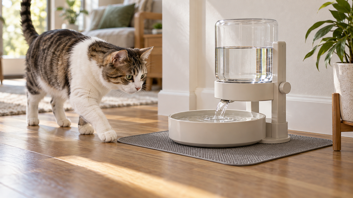Adjustable cat water dispenser with a shallow bowl and washable mat