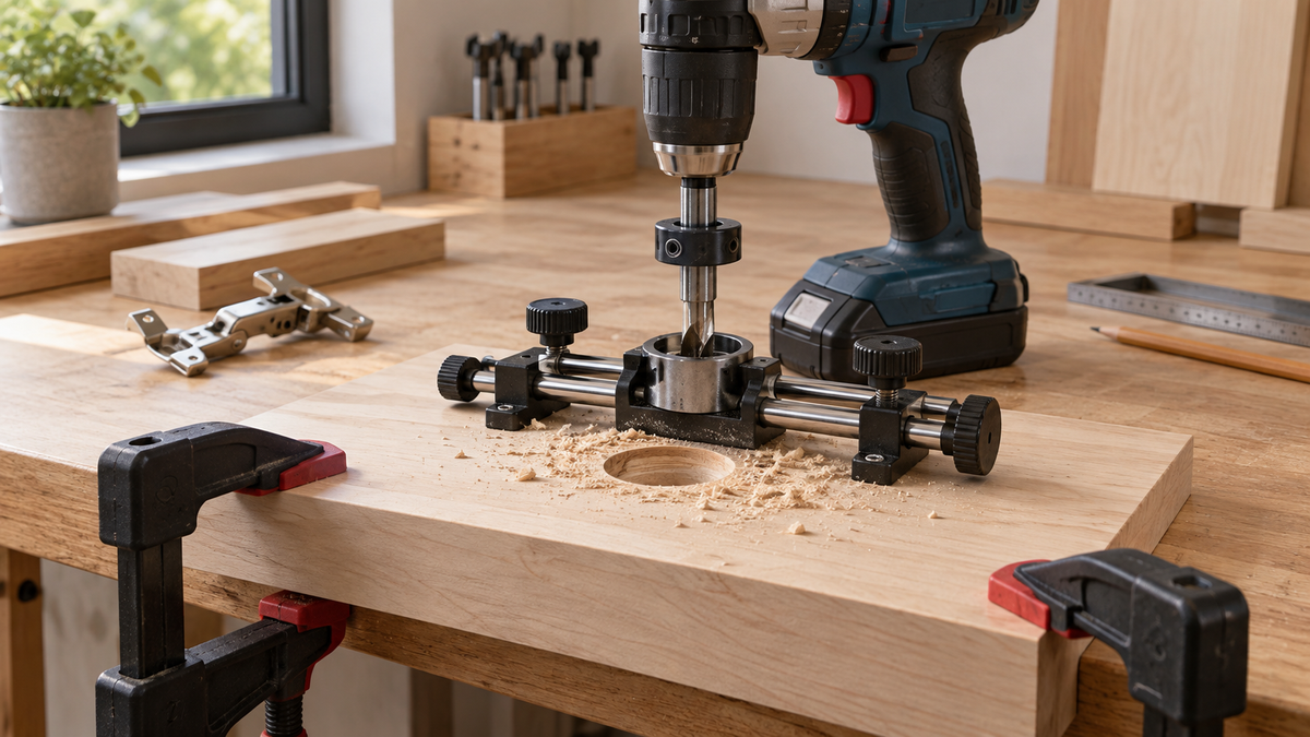 Hinge drilling jig and unpowered drill on secured scrap wood