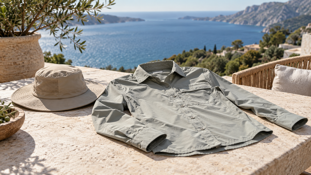 Long sleeve sun protective shirt beside a hat on an outdoor terrace