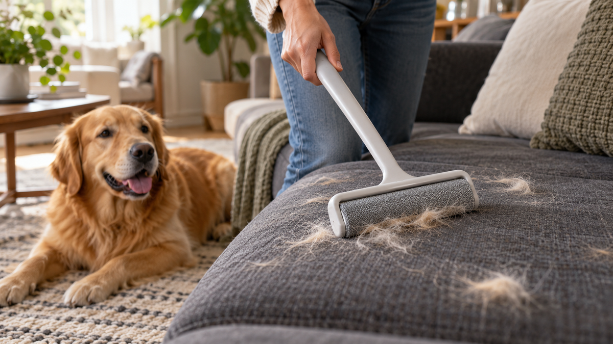 Long handled pet hair removal brush lifting fur from a sofa