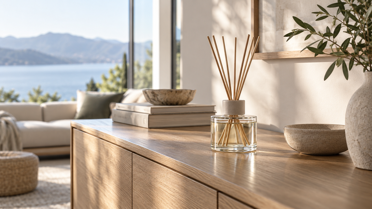 Fragrance diffuser on an uncluttered console in an airy room