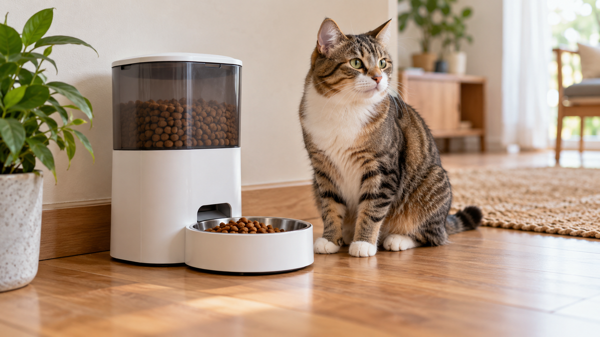 Automatic dry-food pet feeder with a clean bowl and cat nearby