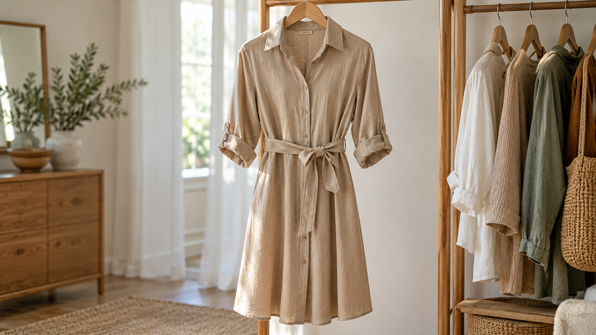 Belted collared shirt dress on a wooden hanger in a wardrobe room