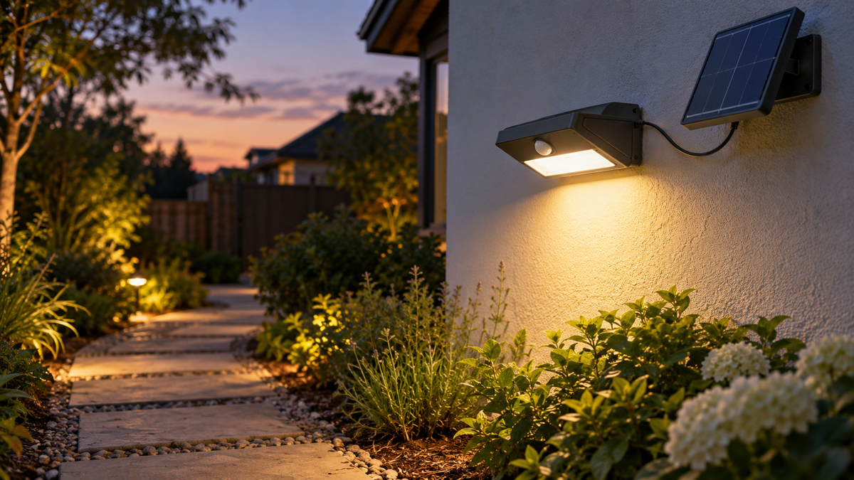 Solar motion sensor wall light and panel above a garden path at dusk