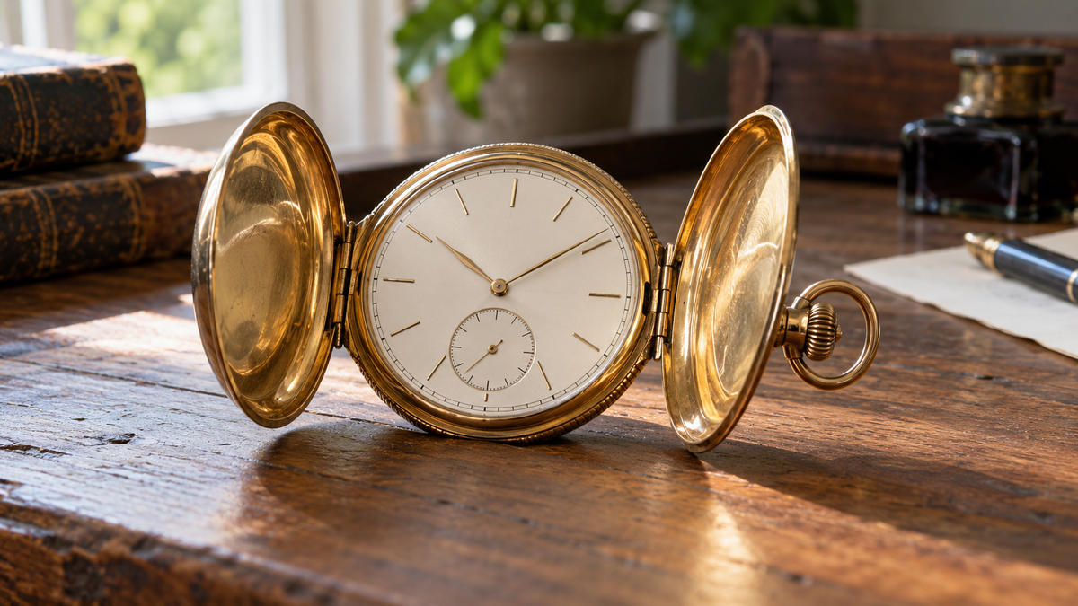 Open double-cover mechanical pocket watch on a wooden desk