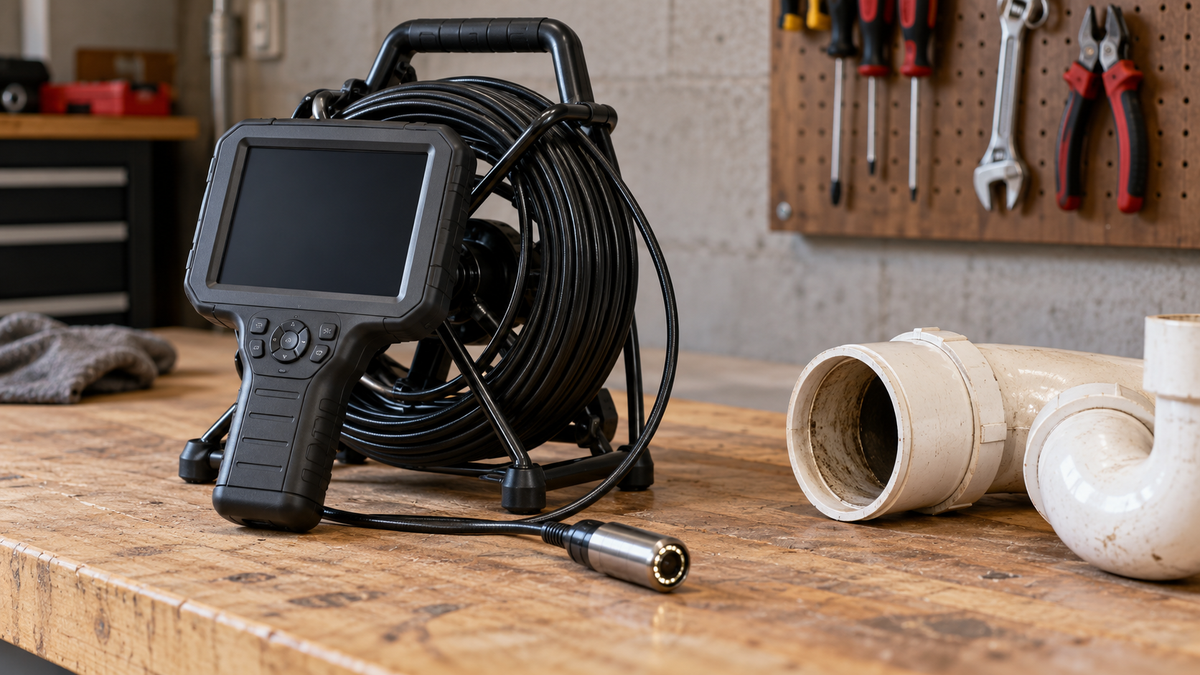 Inspection camera with coiled cable beside disconnected drain pipes