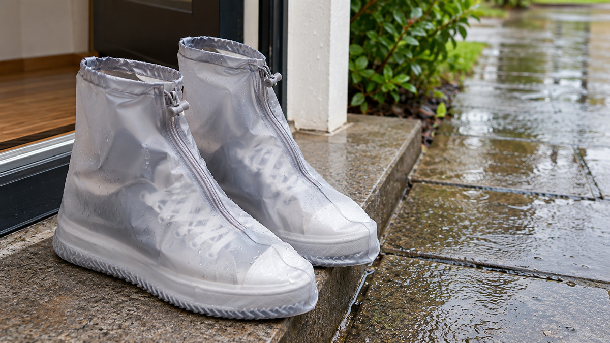 Reusable high-top shoe covers near wet paving outside a doorway