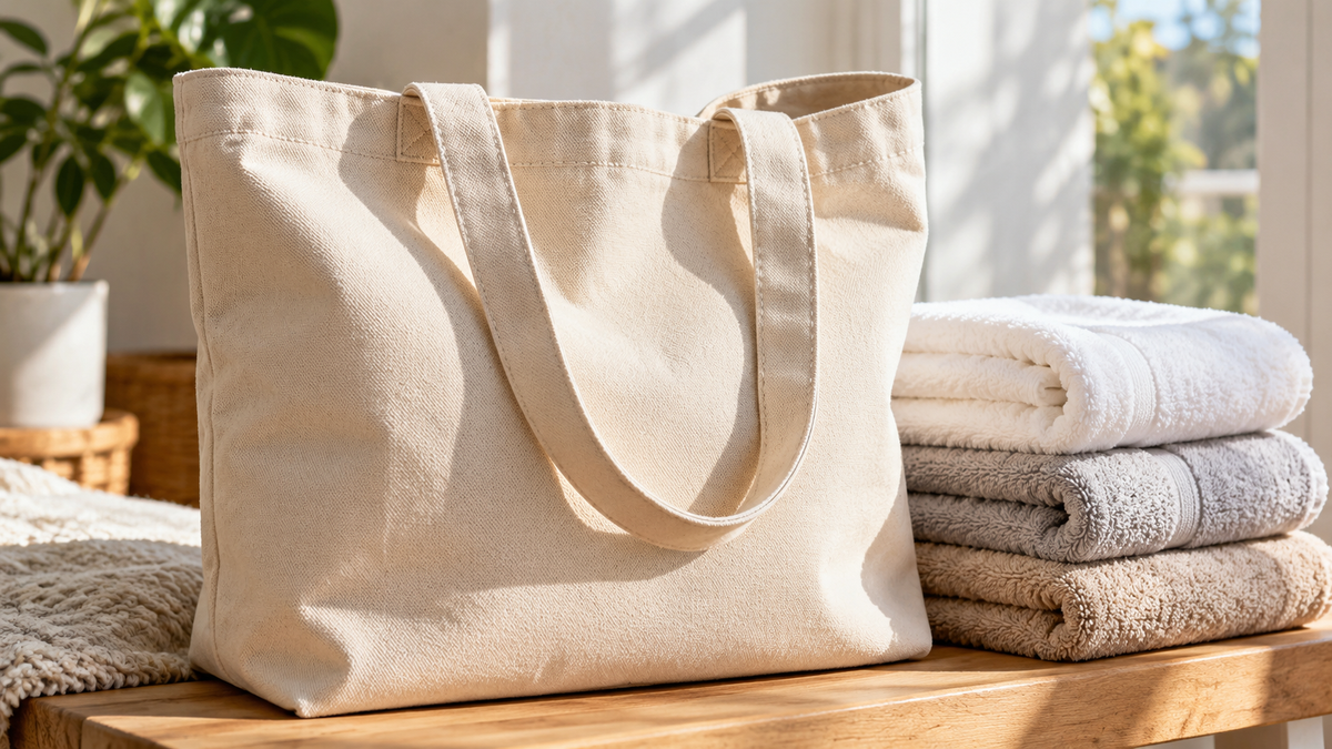 Canvas tote bag showing handles and seams beside folded towels