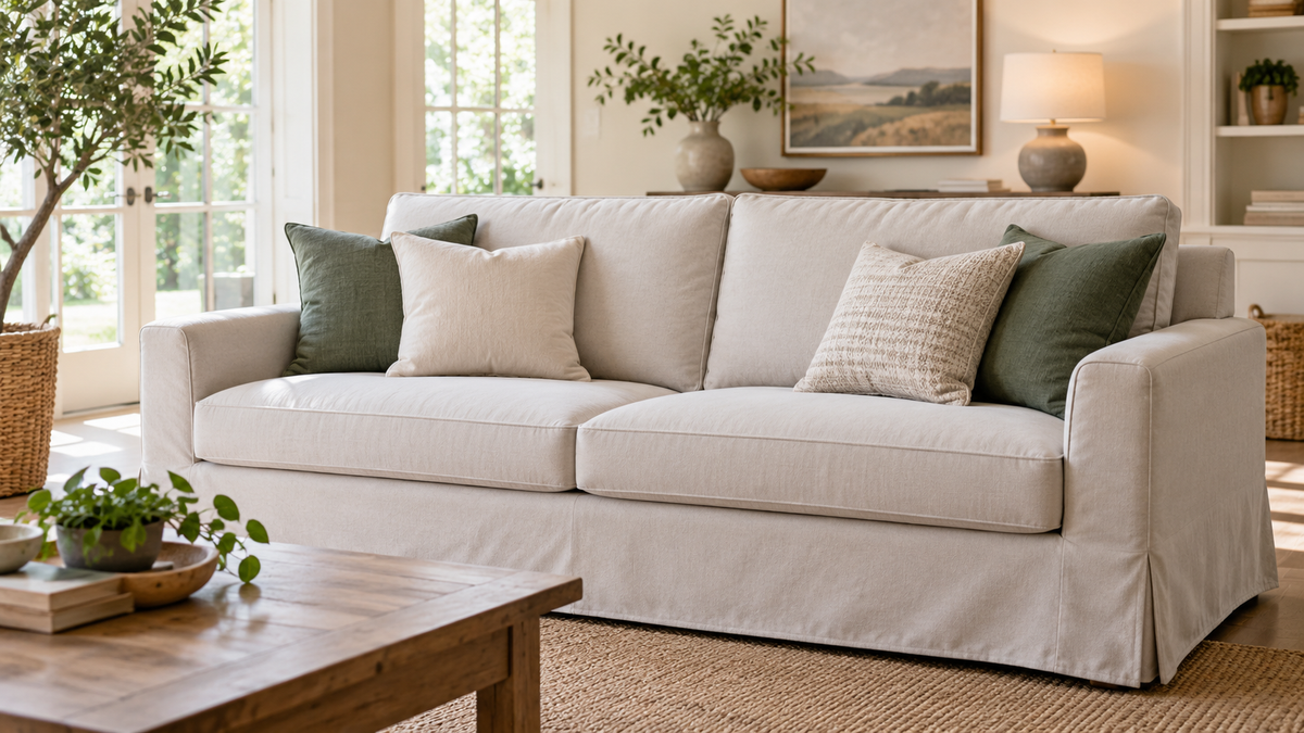 Removable sofa cover fitted around cushions in a bright living room