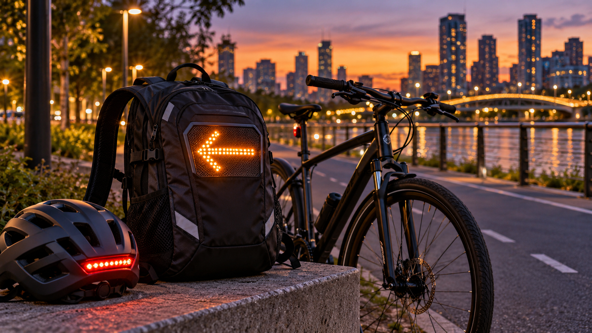 Cycling turn signal backpack beside a bicycle and helmet at dusk