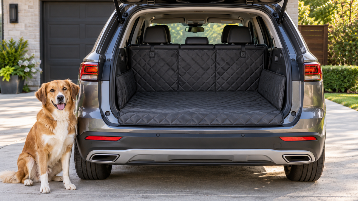 Waterproof pet mat fitted inside a car trunk with a dog nearby