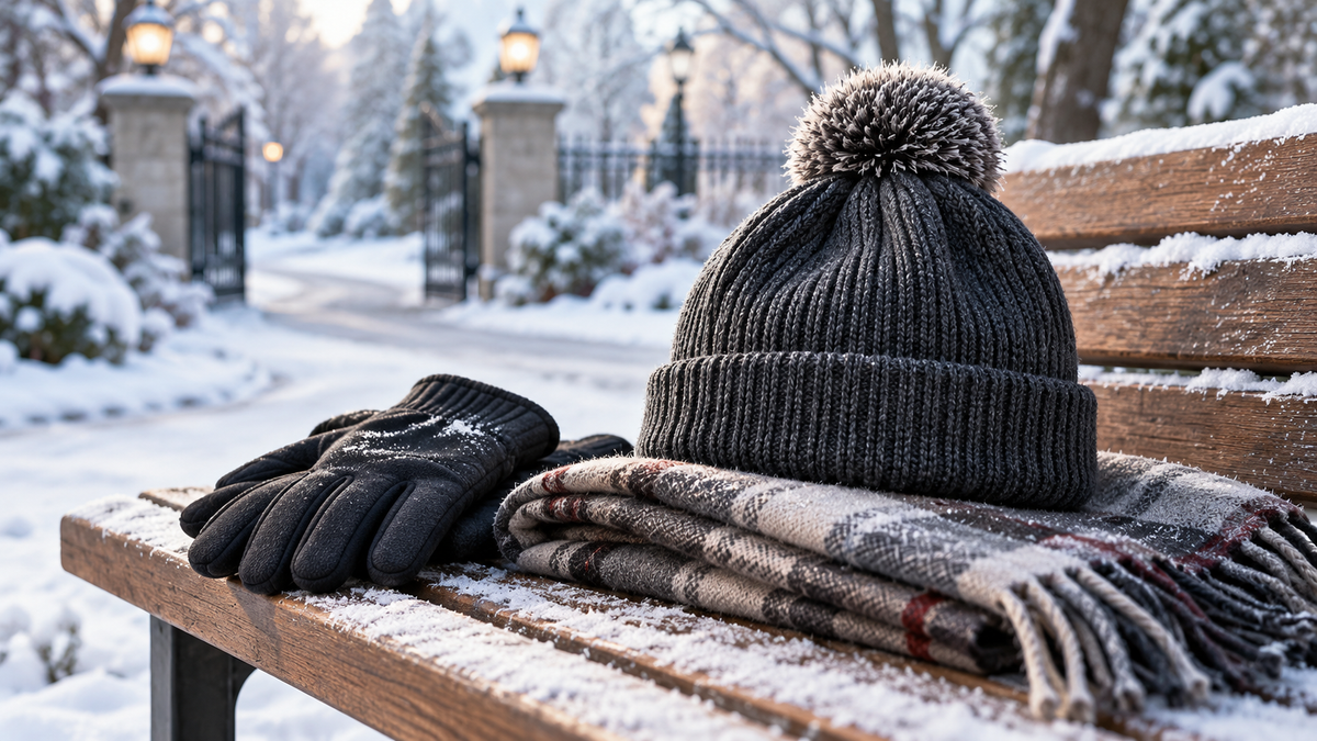 Thermal winter hat with gloves and scarf on a snowy park bench