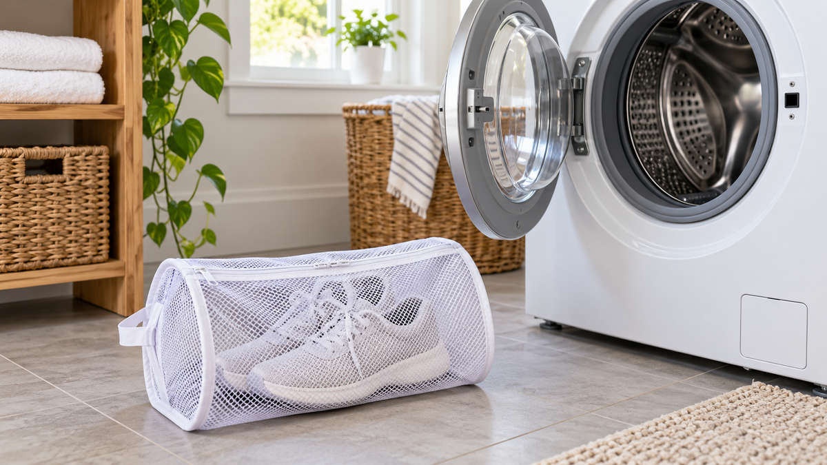 Shoe washing bag holding fabric sneakers beside a washing machine