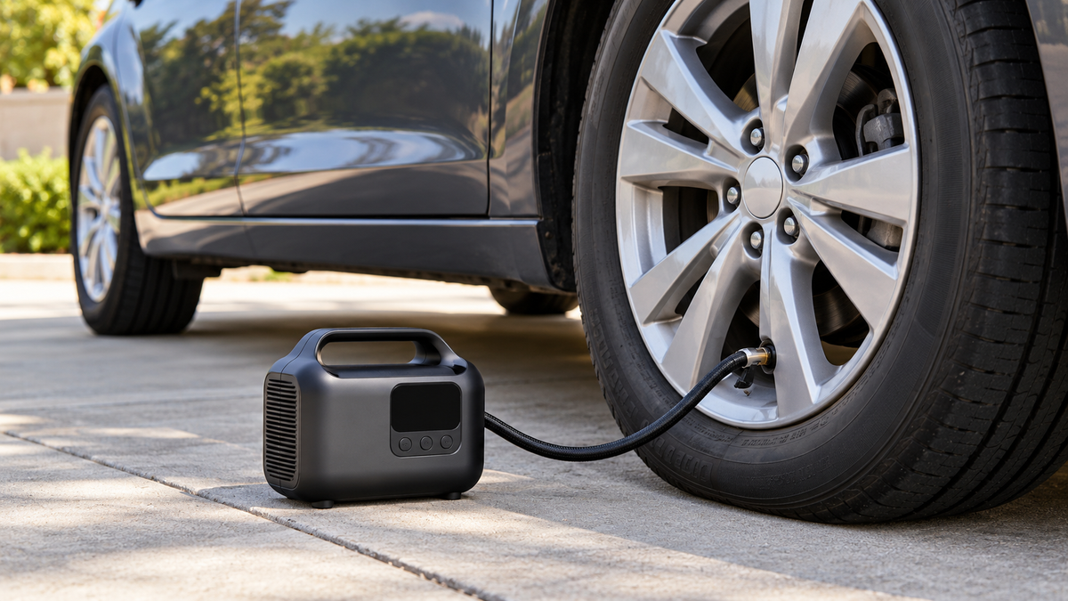 Portable digital tire inflator connected to a car tire on a driveway