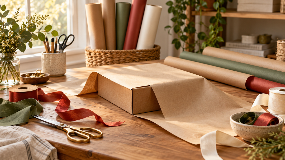 Gift wrapping paper and tools arranged around a half-wrapped box