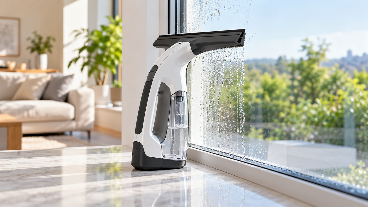 Rechargeable window cleaning vacuum collecting water from glass