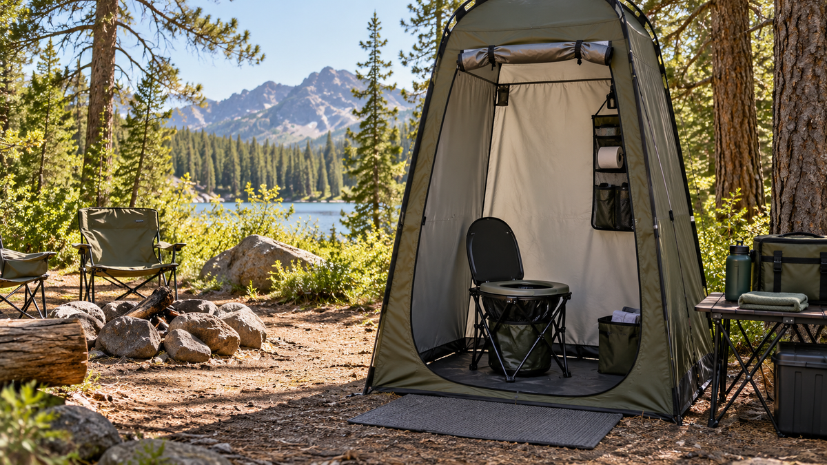 Foldable portable camping toilet inside an outdoor privacy shelter