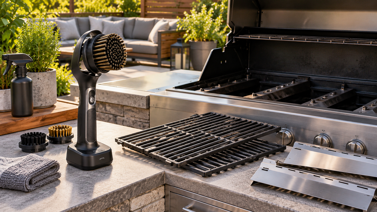 Rechargeable grill cleaning brush beside cool removable grill grates