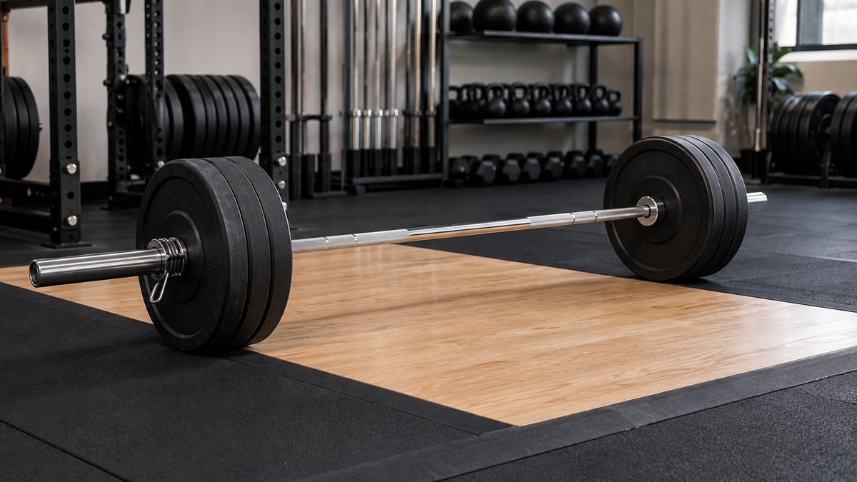 Olympic-size barbell with plates and collars on a lifting platform