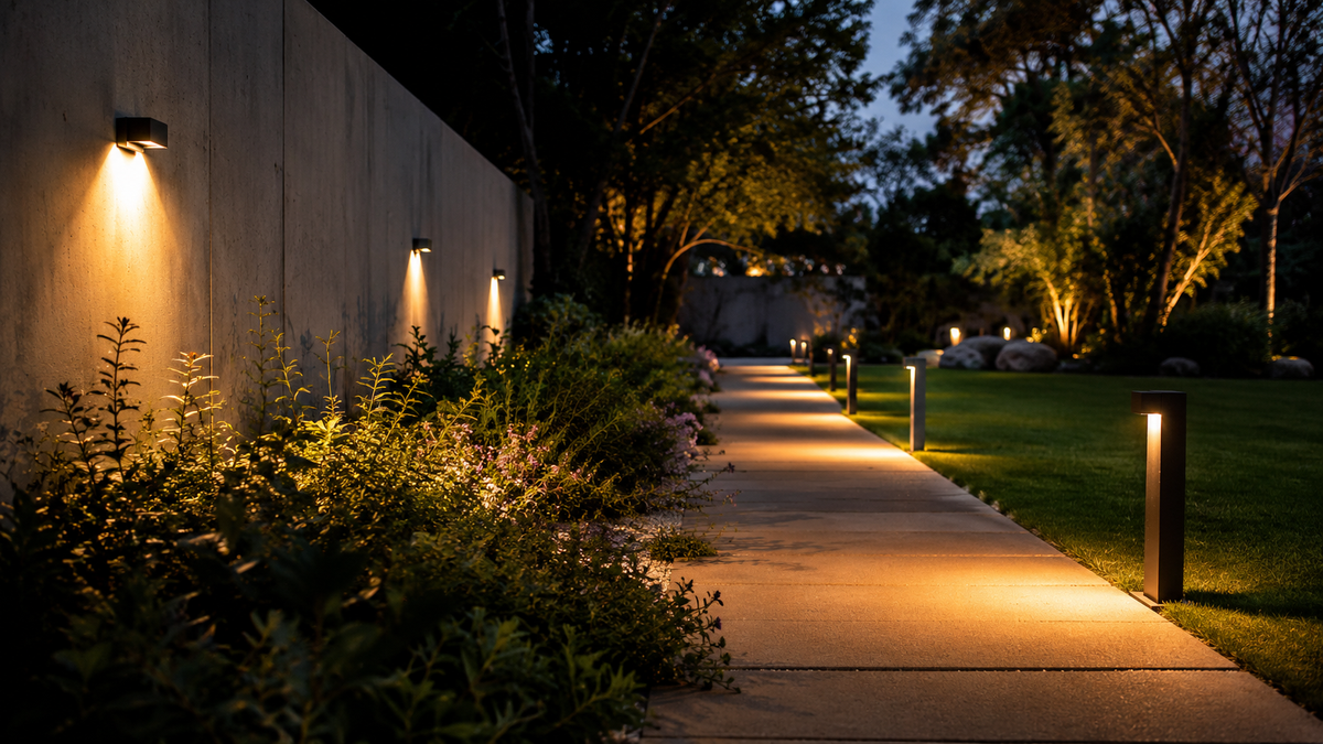 Unbranded outdoor smart pathway and wall lights illuminating a garden