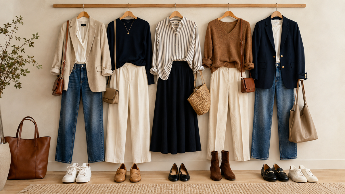Coordinated adult capsule wardrobe arranged as complete casual and smart outfits