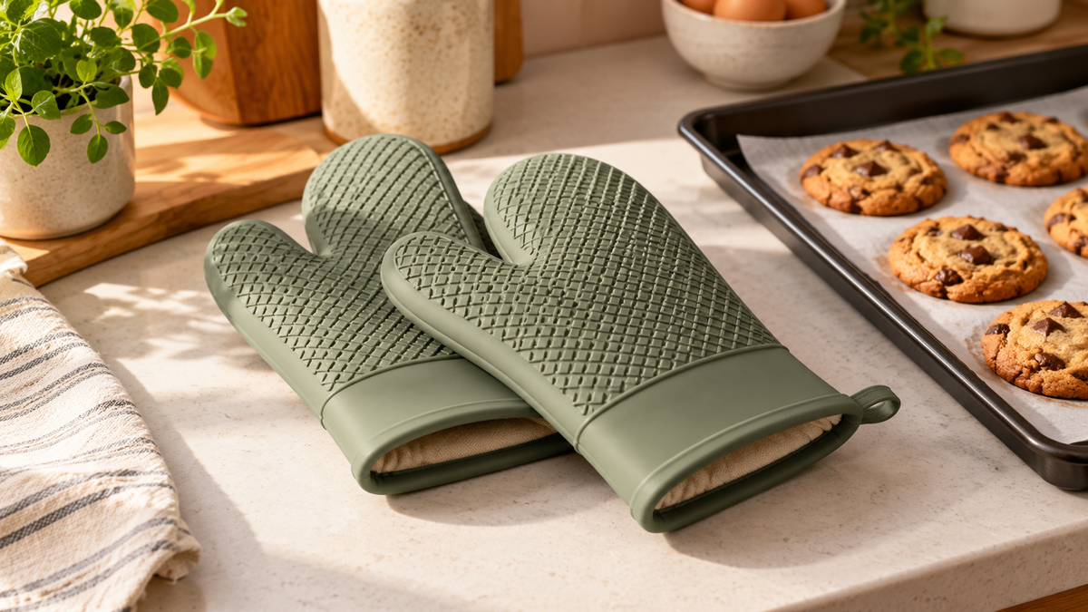 Green silicone oven mitts beside a baking tray on a bright kitchen counter