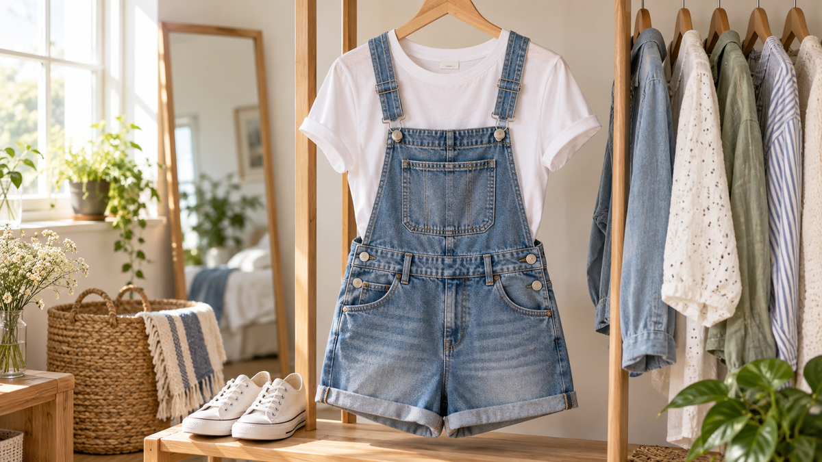 Denim overall shorts laid out with casual styling accessories
