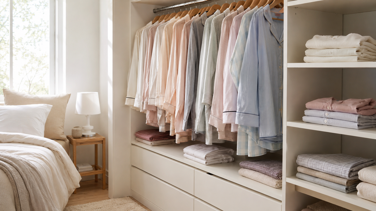 Soft cotton and woven pajamas arranged in a calm bright bedroom wardrobe